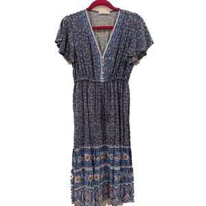 Floral v-neck dress with flutter sleeves, cinched waist & m-o-pearl buttons